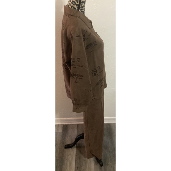 Kenneth Too 2 piece set brown PXL zip up long sleeve collared pants animal print - Picture 5 of 10